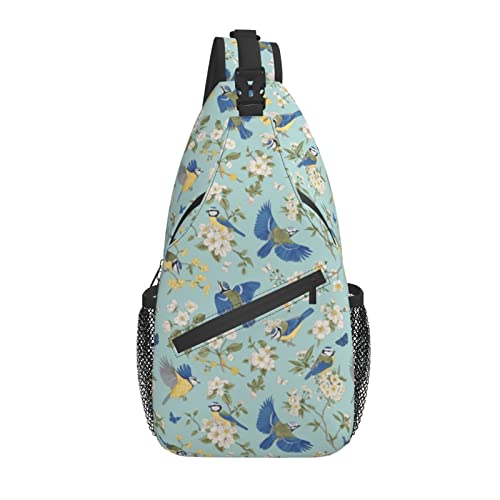 Sling Bag Vintage Blue Spring Bird Flower Wandern Daypack Crossbody Schulterrucksack Reise Brusttasche für Männer Frauen von Lawenp