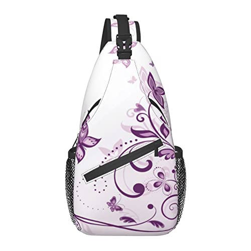Sling Bag Vintage Violett Blumen Schmetterling Wandern Daypack Crossbody Schulter Rucksack Reise Brusttasche für Männer Frauen von Lawenp
