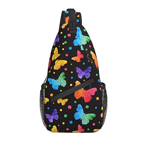 Sling Bag Wasserfarben Bunte Schmetterling Schwarz Wander Daypack Crossbody Schulter Rucksack Reise Brusttasche für Männer Frauen von Lawenp
