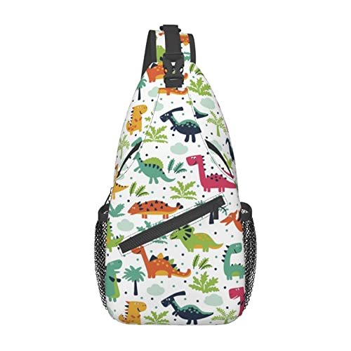 Süße Dinosaurier- und Blättermuster-Umhängetasche, Wander-Tagesrucksack, Crossbody-Schulterrucksack, Reise-Brustrucksack für Männer und Frauen von Lawenp