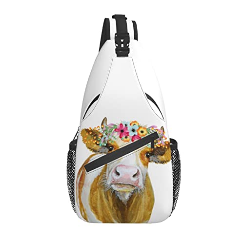 Umhängetasche Aquarell Kuh Bauernhaus Blume Wandern Tagesrucksack Crossbody Schulterrucksack Reise Brusttasche für Männer Frauen von Lawenp