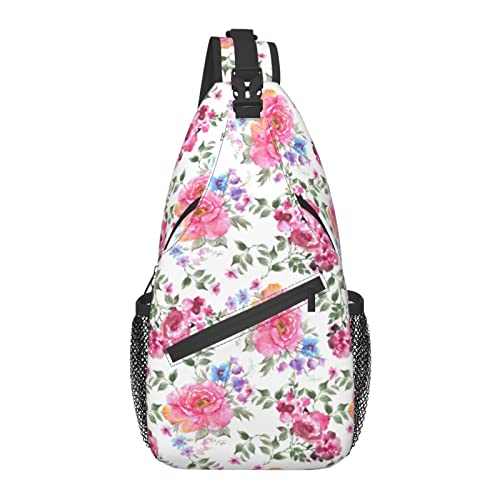 Umhängetasche Aquarell Rosa Pfingstrose Vintage Wandern Daypack Crossbody Schulterrucksack Reise Brusttasche für Männer Frauen von Lawenp