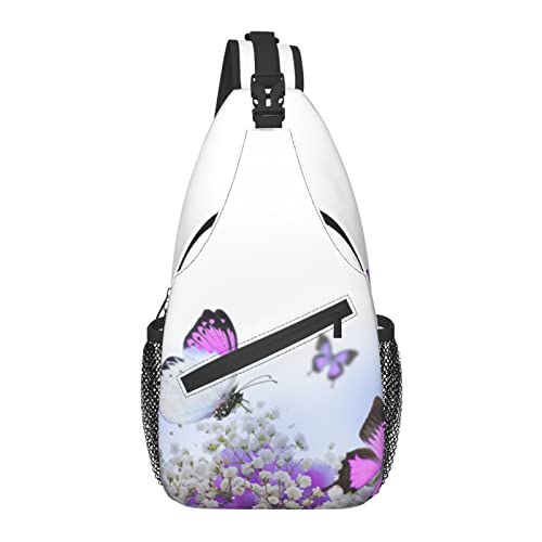 Umhängetasche Blume Schmetterling Lila Hortensien Wandern Daypack Crossbody Schulterrucksack Reise Brusttasche für Männer Frauen von Lawenp