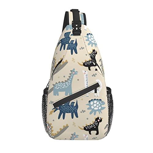 Umhängetasche Dinosaurier Skandinavische niedliche handbemalte Tiere Wandern Daypack Crossbody Schulterrucksack Reisebrusttasche für Männer und Frauen von Lawenp