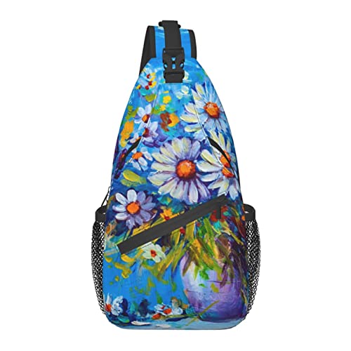 Umhängetasche Gänseblümchen-Blumen-rustikale Malerei Blau Wander-Tagesrucksack Crossbody-Schulter-Rucksack Reise-Brustrucksack für Männer Frauen von Lawenp