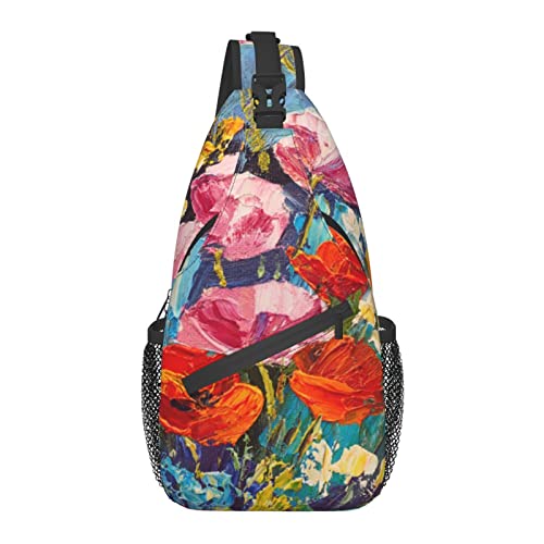 Umhängetasche Ölgemälde Frühling Bunte Mohnblume Wandern Daypack Crossbody Schulterrucksack Reise Brusttasche für Männer Frauen von Lawenp