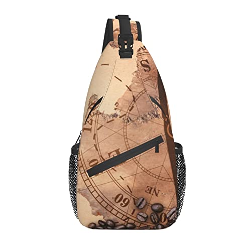 Umhängetasche Vintage Kaffeebohnen Kompass Wandern Daypack Crossbody Schulterrucksack Reise Brusttasche für Männer Frauen von Lawenp