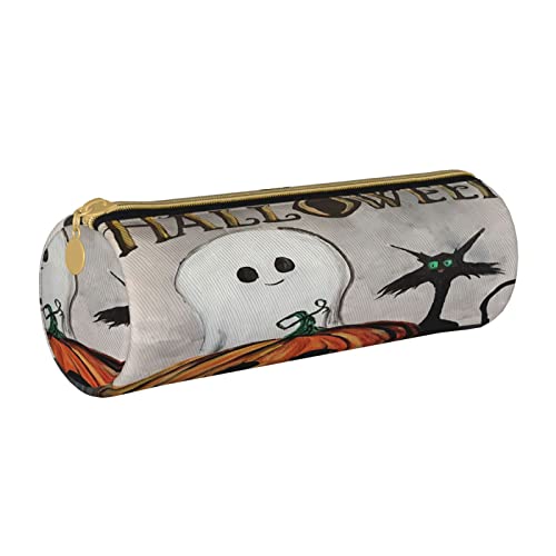 Zylinderförmiges Federmäppchen aus Leder mit Halloween-Muster, tragbares Federmäppchen für die College-Schule von Lawenp