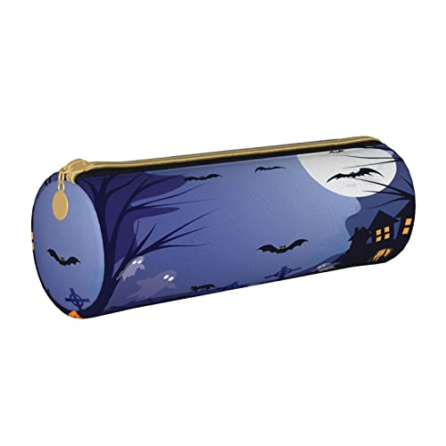 Zylinderförmiges Federmäppchen aus Leder mit Halloween-Muster, tragbares Federmäppchen für die College-Schule von Lawenp