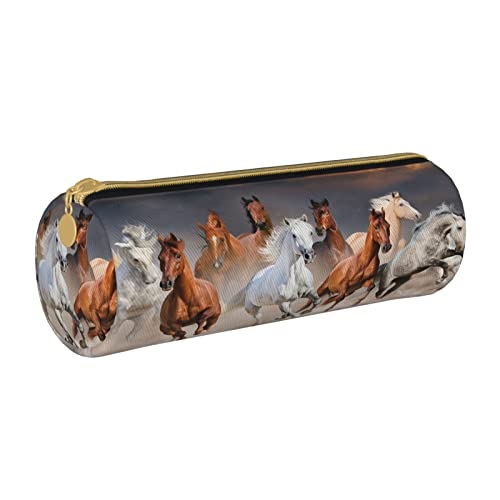 Zylinderförmiges Federmäppchen aus Leder mit Sonnenuntergang-Pferderennen-Muster Federmäppchen Tragbare Schreibwaren-Aufbewahrungstasche für die College-Schule von Lawenp