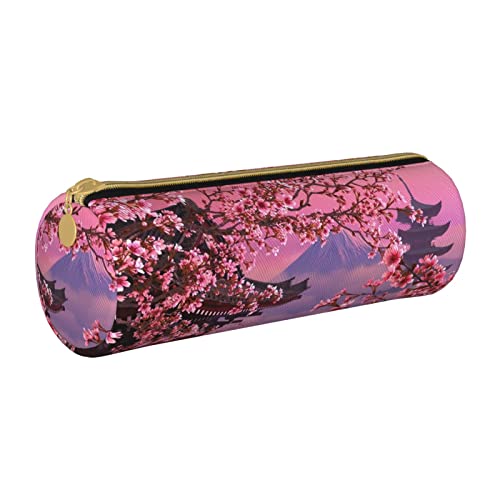 Zylindrisches Federmäppchen aus Leder mit Kirschblütenmuster, langlebig, Büromaterial, Stiftebeutel, Schulbedarf von Lawenp