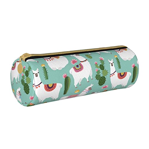 Zylindrisches Federmäppchen aus Leder mit Lama- und Kaktusmuster, tragbarer Büromaterialbeutel, Aufbewahrungsbox für Schreibwaren von Lawenp