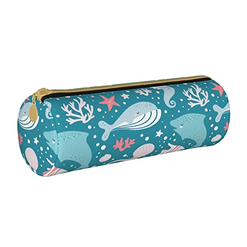 Zylindrisches Federmäppchen aus Leder mit Meerestiermuster, strapazierfähiger Büromaterialbeutel, Aufbewahrungsbox für Schreibwaren von Lawenp