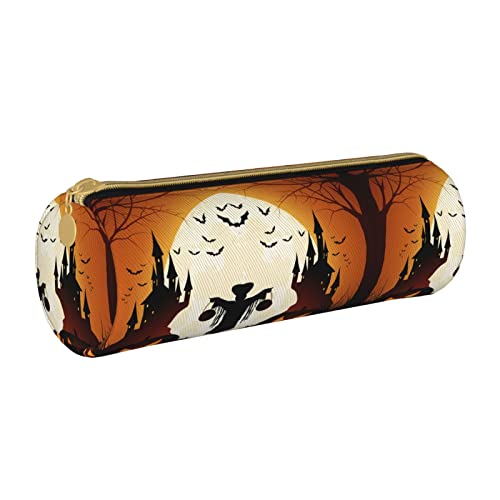 Zylindrisches Federmäppchen aus Leder mit Schloss- und Kürbismuster, strapazierfähiger Büromaterialbeutel, Federmäppchen, Schulbedarf von Lawenp