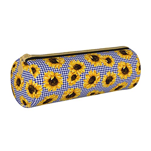Zylindrisches Federmäppchen aus Leder mit Sonnenblumenmuster, Federmäppchen, tragbar, für die College-Schule von Lawenp