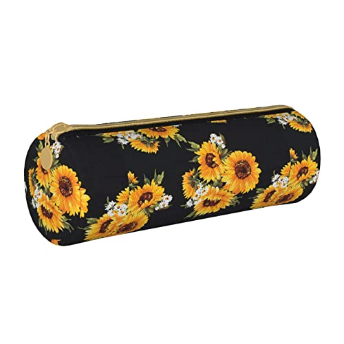 Zylindrisches Federmäppchen aus Leder mit Sonnenblumenmuster, langlebig, Bleistift-Aufbewahrungstasche, Schreibwarenbox, Schulbedarf von Lawenp