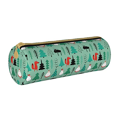 Zylindrisches Federmäppchen aus Leder mit Weihnachtsbaum- und Schneemannmuster, strapazierfähiger Büromaterialbeutel, Aufbewahrungsbox für Schreibwaren von Lawenp