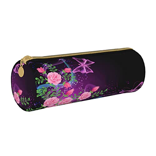 Zylindrisches Federmäppchen aus Leder mit lila Schmetterlingsmuster, Federmäppchen, tragbar, für die College-Schule von Lawenp