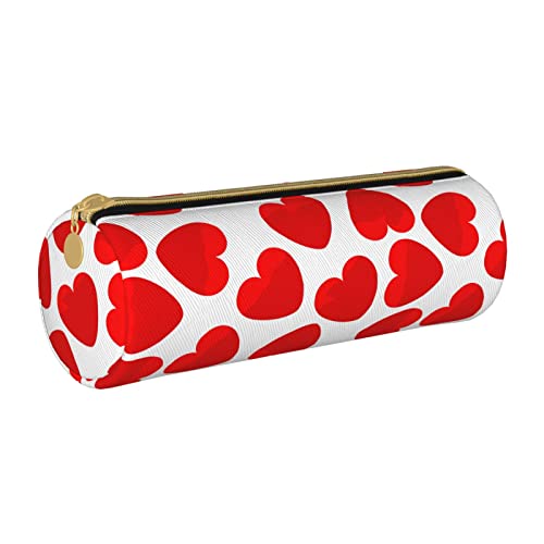 Zylindrisches Federmäppchen aus Leder mit rotem Herzmuster, tragbar, Büromaterial, Stifteetui, Schulbedarf von Lawenp
