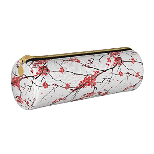 Zylindrisches Federmäppchen aus Leder mit rotem Kirschblütenmuster, strapazierfähiger Büromaterialbeutel, Schreibwarenbox, Schulbedarf von Lawenp