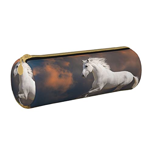 Zylindrisches Federmäppchen aus Leder mit weißem Pferdemuster, tragbare Büromaterialtasche, Schreibwarenbox, Schulbedarf von Lawenp