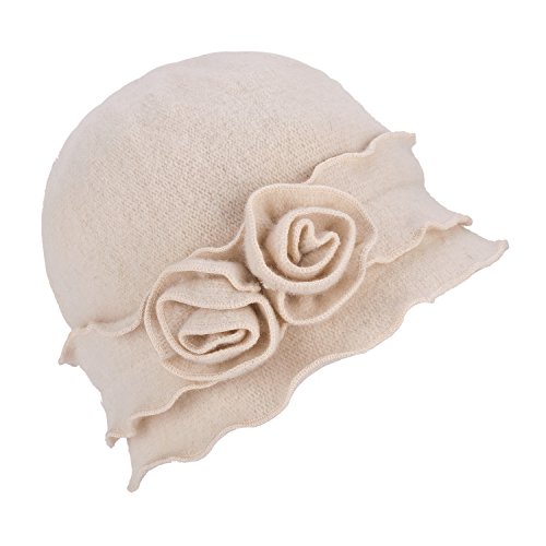 Damen Mütze Gatsby 1920er Winter Wollmütze Baskenmütze Beanie Crochet Bucket Flower Hat A285, Weiß, Einheitsgröße von Lawliet