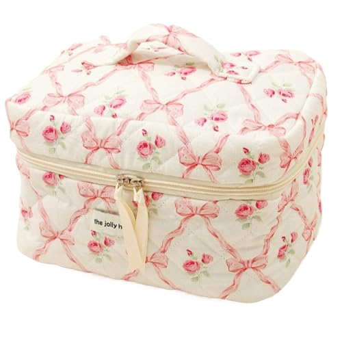 Gesteppte Make -up -Tasche, 9, 8x5.9x6.3 süße Bogen -Make -up -Tasche, Baumwollblumen -Koquette mit Griff und Reißverschluss, Reiseästhetik für Frauen und Mädchen Geschenke, Kosmetiktaschen von Lawnrden
