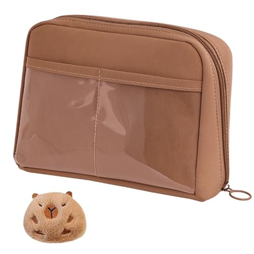 Lawnrden Bleistiftbox, Capybara Bleistiftbeutel mit 12 Fächern Brown Canvas & PVC Kawaii Hülle mit reibungslosen Zipper & Capybara Puppe niedliche Koffer für Schulbedarf Desk Zubehör von Lawnrden