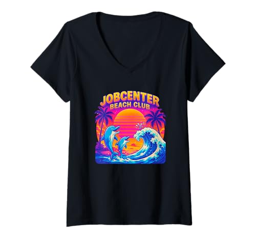 Damen Jobcenter Beach Club Hartz 4 Humor Ironie Retro Arbeitsamt T-Shirt mit V-Ausschnitt von Lay-Off Lagune