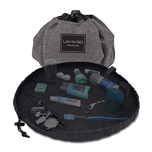 Lay-n-Go Traveler Essentials Rasierer und Dopp Kit mit Kordelzug, Kulturbeutel, Organizer und Reisetasche für Damen und Herren, maschinenwaschbar mit einem strapazierfähigen, grau, 19 Inch von Lay-n-Go