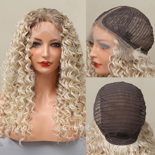 Layhou Handgehakte Spitze Mittellange Lockenperücke mit Blasenkopf Spitze Damen Natürlich aussehende flauschige Haarperücke Party Täglicher Gebrauch Haarperücke von Layhou