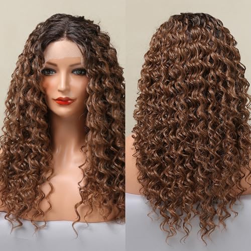 Layhou Handgehakte Spitze Mittellange Lockenperücke mit Blasenkopf Spitze Damen Natürlich aussehende flauschige Haarperücke Party Täglicher Gebrauch Haarperücke von Layhou