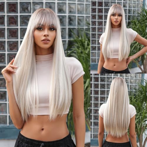 Perücke Blond, Perücke Damen 66cm Lange Natürliche Glatte Haarperücke mit Pony, Sexy Blonde Perücke, Hitzebeständig, Synthetisches Haar mit Nylon-Haarnetz für den täglichen Gebrauch/Themenpartys Perücke Blond, Perücke Damen 66cm Lange Natürliche Glatte Haarperücke mit Pony, Sexy Blonde Perücke, Hitzebeständig, Synthetisches Haar mit Nylon-Haarnetz für den täglichen Gebrauch/Themenpartys von Layhou