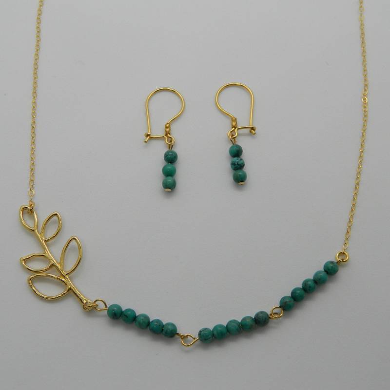 Gold Vermeil Blatt Und Türkis Halskette Ohrringe Set von LaylaRox