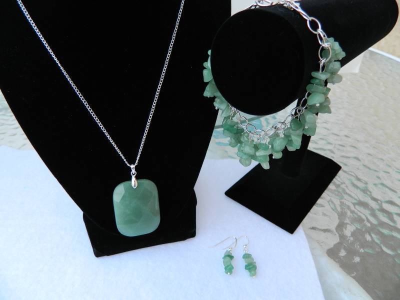 Grüne Aventurin-sterlingsilber-Halskette, Ohrring-Armband-Set von LaylaRox