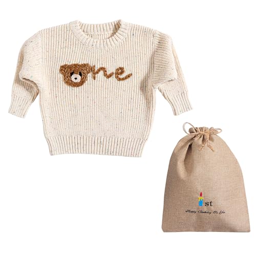 LazLake Baby Strickpullover 1. Geburtstag Outfit Junge Mädchen Gestrickter Pullover mit ONE Stickerei Baby Geschenkset mit Geschenktüte BeigeDot Bear von LazLake
