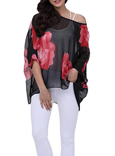 LazLake Damen Chiffon Bluse Lose Shirt Blumen Tunika Fledermaus Batwing Tops 283 von LazLake