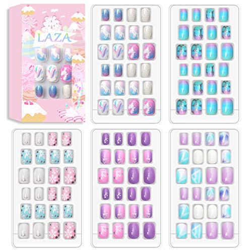 Laza 120pcs Children Nails Press On Pre-glue Full Cover Nail Tips Kit Glitter Gradient Color Rainbow Short Artificial False Nail Kits Lovely for Children Kids Girls - Silver Pearl von Laza