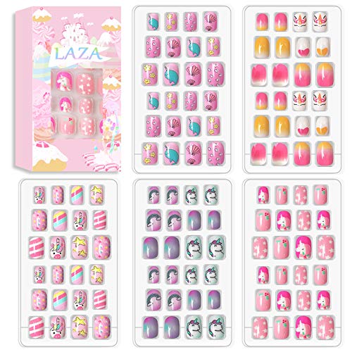 Laza 120pcs Kindernägel Drücken Sie auf Vorkleber Full Cover Glitter Farbverlauf Regenbogen Funkelnder Stern Einhorn Shell Kurze Falsche Nagelsets für Kinder Teenager Mädchen - Legend of Unicorn von Laza