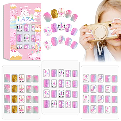 Laza 60 Stück Kindernägel zum Aufdrücken Vorklebung volle Abdeckung Glitzer Farbverlauf Regenbogenfarben funkelnder Stern Einhorn kurze falsche Nägel Kit Kinder Teenager Mädchen – violettes Einhorn von Laza