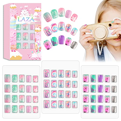 Laza 60 Stück Kindernägel zum Aufdrücken Vorklebung volle Abdeckung Glitzer Farbverlauf Regenbogenfarben funkelnder Stern Einhorn kurze falsche Nägel Kit Teenager Mädchen – Meerjungfrau Schmetterling von Laza