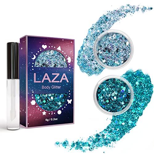 Laza Body Glitter, 2 Jars Holographic Chunky Sequins with Glitter Glue Perfect for Women Eyeshadow Makeup Face Paint Festival Rave Outfits Hair Accessories Carnival Party Costumes - Blue Ocean von Laza
