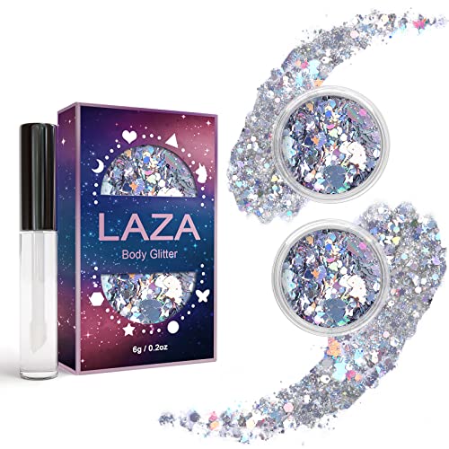 Laza Body Glitter, 2 Jars Holographic Chunky Sequins with Glitter Glue Perfect for Women Eyeshadow Makeup Face Paint Festival Rave Outfits Hair Accessories Carnival Party Costumes - Laser Galaxy von Laza