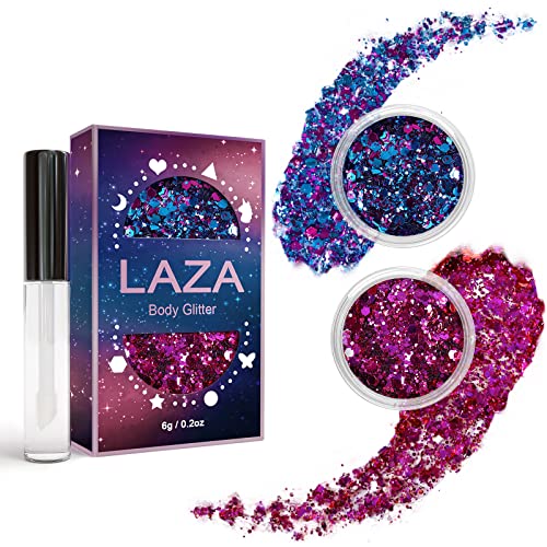 Laza Body Glitter, 2 Jars Holographic Chunky Sequins with Glitter Glue for Women Girls Eyeshadow Makeup Face Paint Festival Rave Outfits Hair Concert Accessories Carnival Party Costumes - Pink Violet von Laza