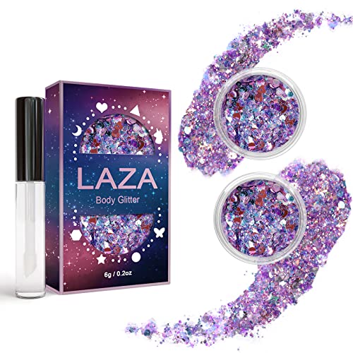 Laza Body Glitter, 2 Jars Iridescent Chunky Sequins with Glitter Glue Perfect for Women Eyeshadow Makeup Face Paint Festival Rave Outfits Hair Accessories Carnival Party Costumes - Colorful Purple von Laza
