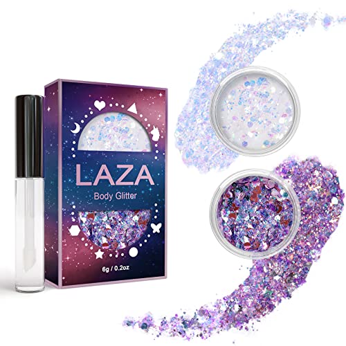 Laza Body Glitter, 2 Jars Iridescent Chunky Sequins with Glitter Glue for Women Eyeshadow Makeup Face Paint Festival Rave outfits Hair Concert Accessorie Carnival Party Costumes - Fantasy Purple White von Laza