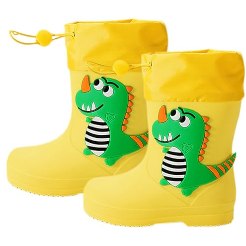 Lazeny Kinder Gummistiefel Jungen Mädchen Regenstiefel mit Kordelzug 3D Tiere EVA Rutschfeste Regenschuhe Rain Boot Wasserdicht Leicht Stiefel Outdoor Regen Stiefe(Gelb Dinosaurier) von Lazeny