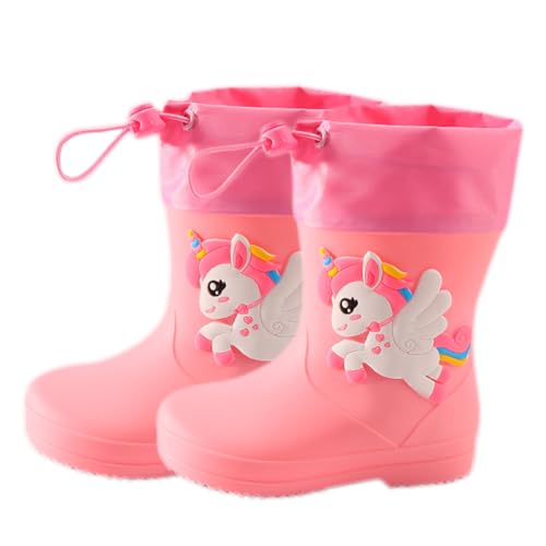 Lazeny Kinder Gummistiefel Jungen Mädchen Regenstiefel mit Kordelzug 3D Tiere EVA Rutschfeste Regenschuhe Rain Boot Wasserdicht Leicht Stiefel Outdoor Regen Stiefe(Rosa Einhorn) von Lazeny