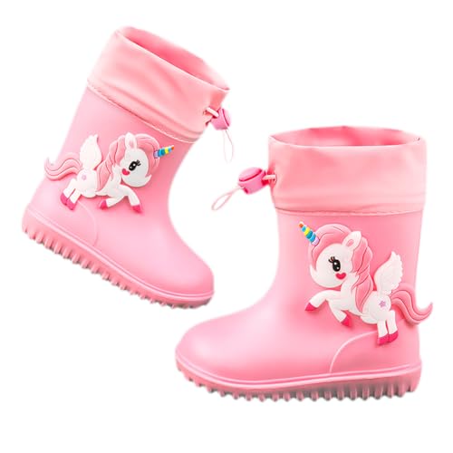Lazeny Kinder Gummistiefel Jungen Mädchen Regenstiefel mit Kordelzug 3D Tiere EVA Rutschfeste Regenschuhe Rain Boot Wasserdicht Leicht Stiefel Outdoor Regen Stiefe(Rosa Einhorn) von Lazeny