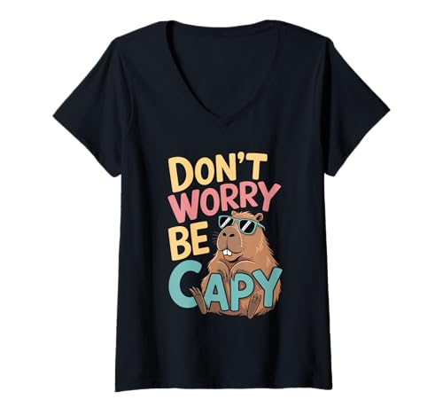 Damen Don't Worry Be Capy Funny Cool Capybara Sunglasses T-Shirt mit V-Ausschnitt Damen Don't Worry Be Capy Funny Cool Capybara Sunglasses T-Shirt mit V-Ausschnitt von Lazy Capybara Meme Squad Collective